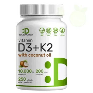 ديل سبلمنت فيتامين د3 + ك2 بتركيز 10000 وحدة دولية مع زيت جوز الهند البكر – 250 سوفت جل / Deal Supplement, Vitamin D3+K2